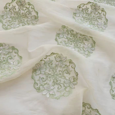 Tang Style Lily Floral Embroidered Chiffon Fabric in Soft Cream - WonderlandByLilian