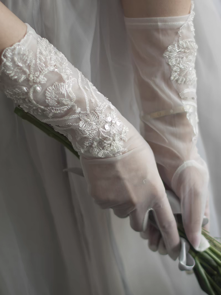 Ivory Lace Embroidered Wedding Gloves - Elegant Bridal Accessory