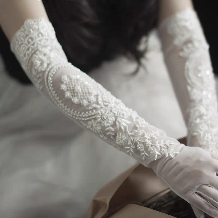 Intricate Pearl and Lace Bridal Gloves - Vintage-Inspired Wedding Accessory