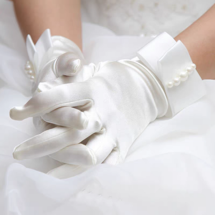 Satin Wedding Gloves with Pearl Cuff Detail - Classic Bridal Accessory