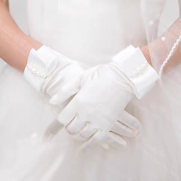 Satin Wedding Gloves with Pearl Cuff Detail - Classic Bridal Accessory