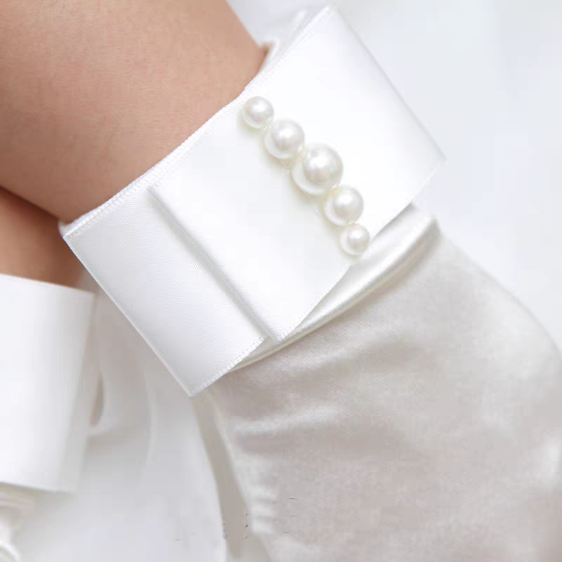 Satin Wedding Gloves with Pearl Cuff Detail - Classic Bridal Accessory