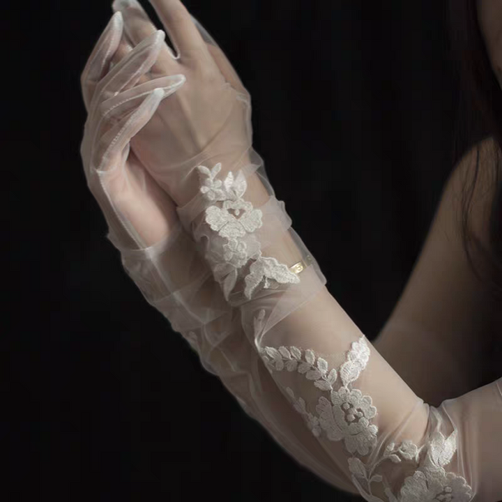 Sheer Tulle Wedding Gloves with Floral Lace Appliqué - Long Bridal Gloves