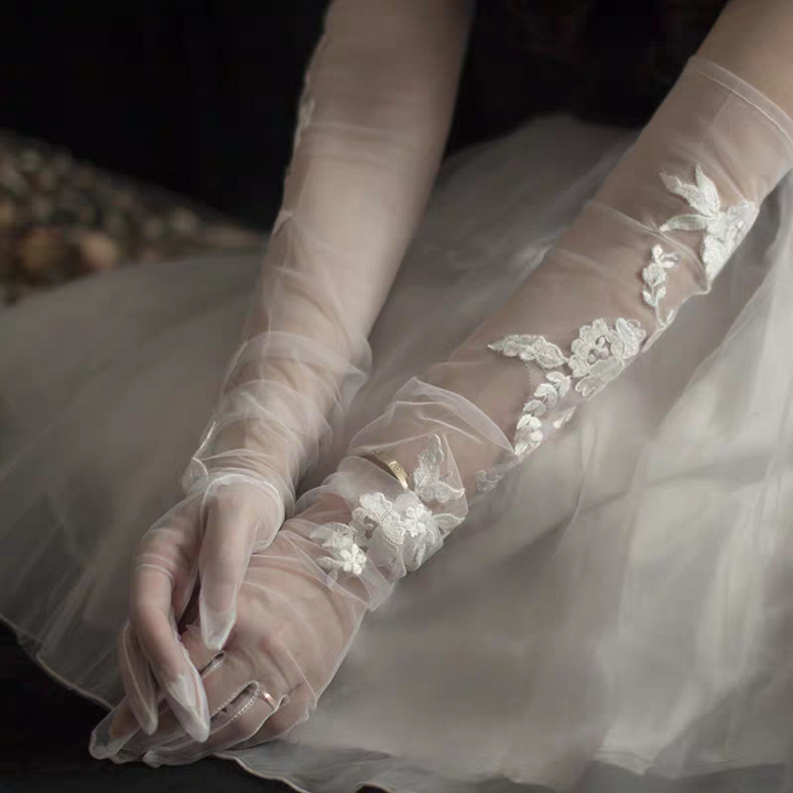 Sheer Tulle Wedding Gloves with Floral Lace Appliqué - Long Bridal Gloves