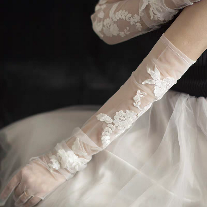 Sheer Tulle Wedding Gloves with Floral Lace Appliqué - Long Bridal Gloves