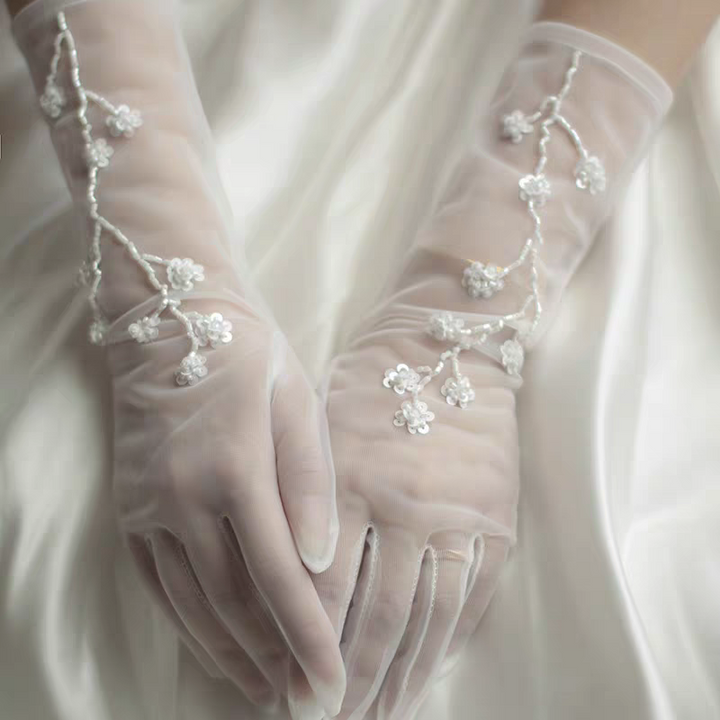 Sheer Floral Embroidered Bridal Gloves with Beaded Vine Detail - Long Wedding Gloves