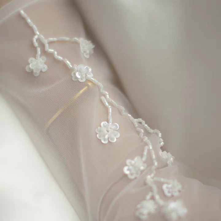 Sheer Floral Embroidered Bridal Gloves with Beaded Vine Detail - Long Wedding Gloves