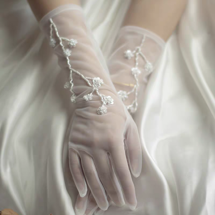 Sheer Floral Embroidered Bridal Gloves with Beaded Vine Detail - Long Wedding Gloves