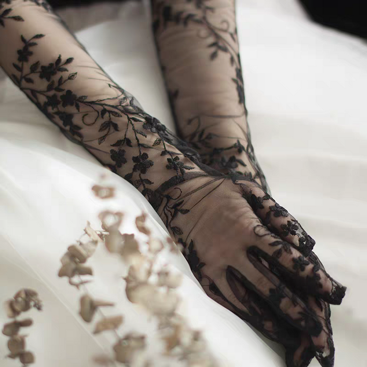 Black Lace Embroidered Long Bridal Gloves - Gothic Wedding Accessory