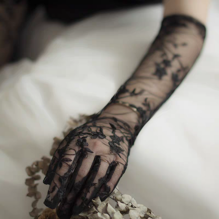 Black Lace Embroidered Long Bridal Gloves - Gothic Wedding Accessory