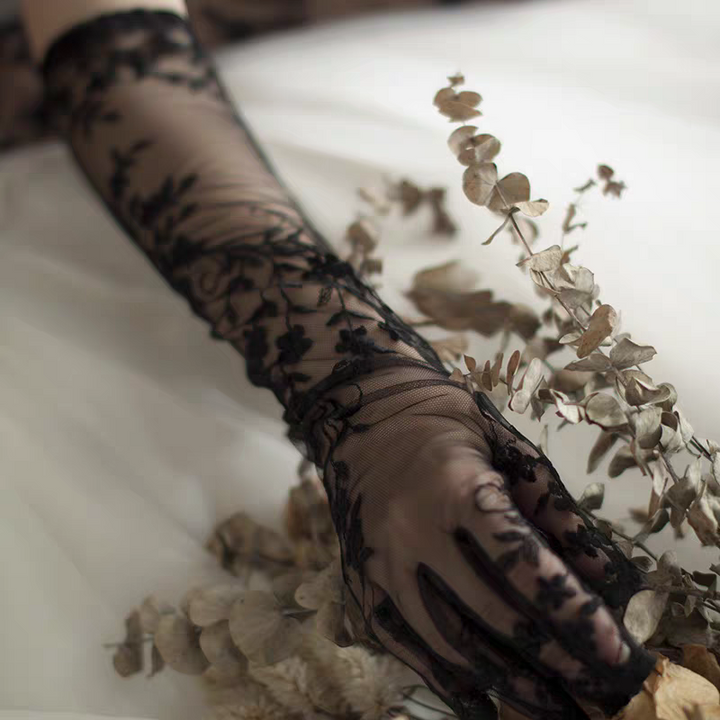 Black Lace Embroidered Long Bridal Gloves - Gothic Wedding Accessory