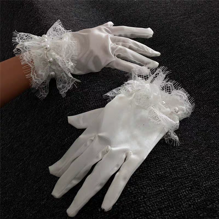 Satin Bridal Gloves with Lace Ruffle and Pearl Embellishments - Elegant Wedding Accessory