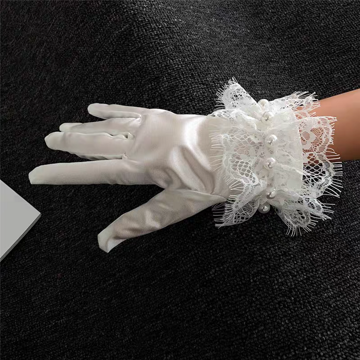 Satin Bridal Gloves with Lace Ruffle and Pearl Embellishments - Elegant Wedding Accessory