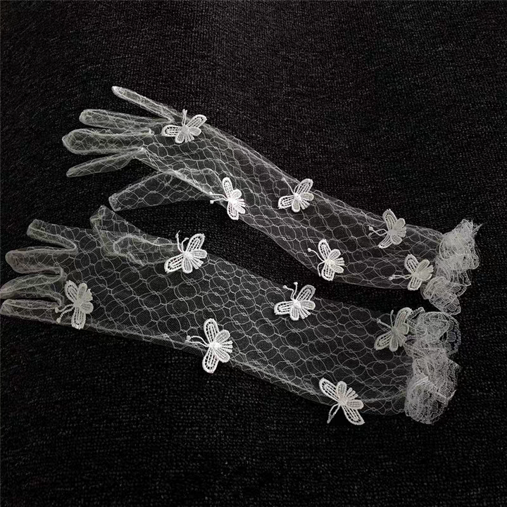 Sheer Lace Bridal Gloves with 3D Butterfly Appliqués - Whimsical Wedding Accessory