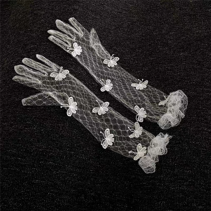 Sheer Lace Bridal Gloves with 3D Butterfly Appliqués - Whimsical Wedding Accessory