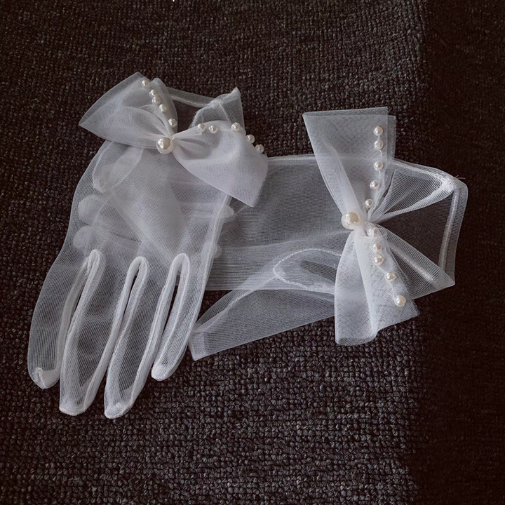 Sheer Tulle Bridal Gloves with Pearl-Embellished Bows - Elegant Wedding Gloves