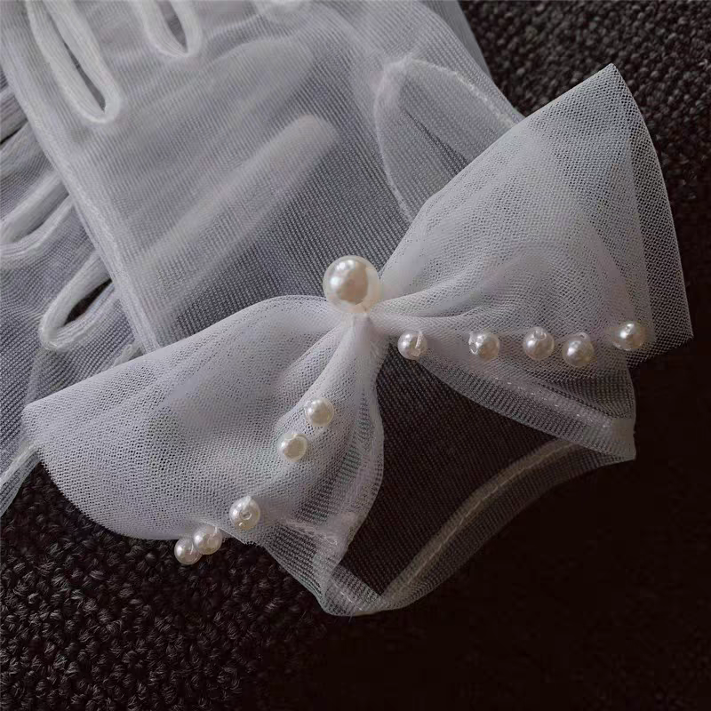 Sheer Tulle Bridal Gloves with Pearl-Embellished Bows - Elegant Wedding Gloves