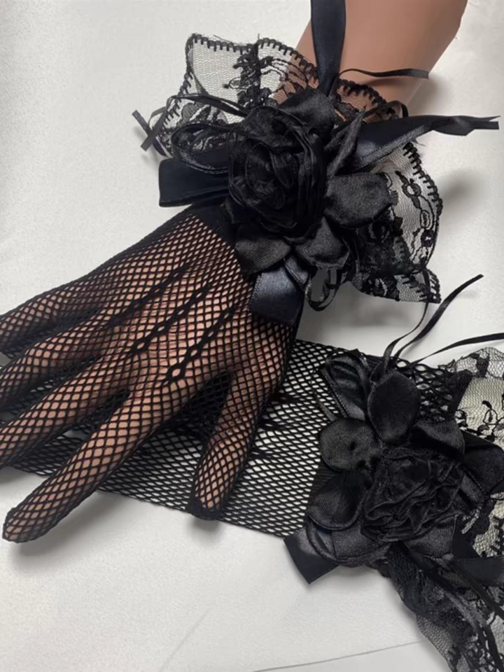 Black Fishnet Bridal Gloves with Lace Cuffs and Satin Flower Detail - Gothic Wedding Gloves