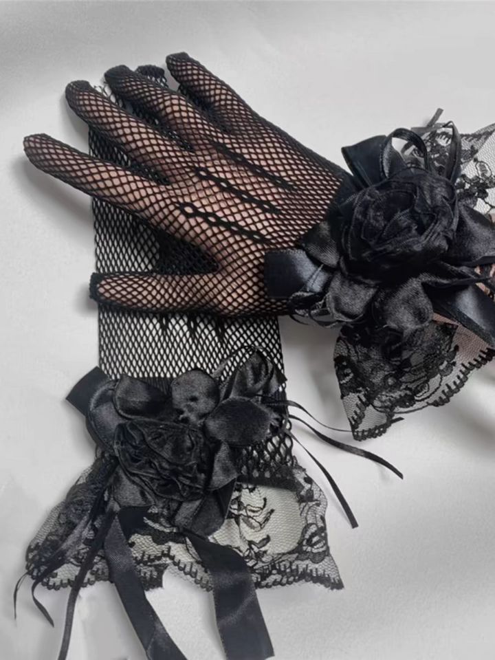 Black Fishnet Bridal Gloves with Lace Cuffs and Satin Flower Detail - Gothic Wedding Gloves