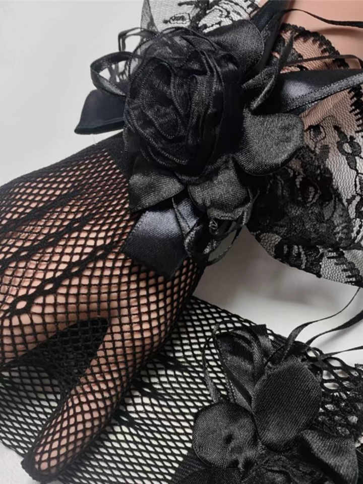 Black Fishnet Bridal Gloves with Lace Cuffs and Satin Flower Detail - Gothic Wedding Gloves