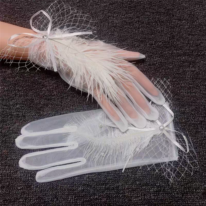 Sheer Bridal Gloves with Feather and Ribbon Accent - Elegant Wedding Gloves