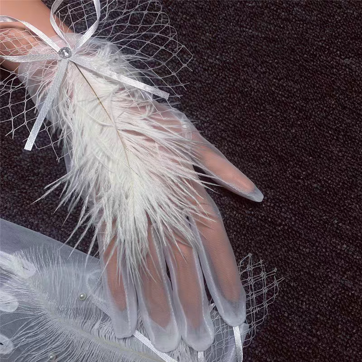 Sheer Bridal Gloves with Feather and Ribbon Accent - Elegant Wedding Gloves