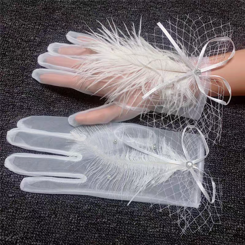 Sheer Bridal Gloves with Feather and Ribbon Accent - Elegant Wedding Gloves