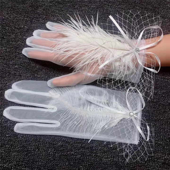 Sheer Bridal Gloves with Feather and Ribbon Accent - Elegant Wedding Gloves