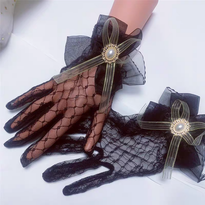 Black Lace Bridal Gloves with Pearl Bow Accents - Gothic Wedding Gloves