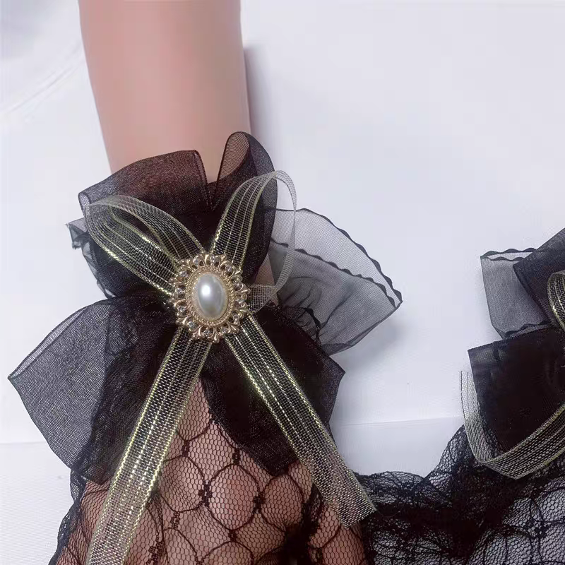 Black Lace Bridal Gloves with Pearl Bow Accents - Gothic Wedding Gloves