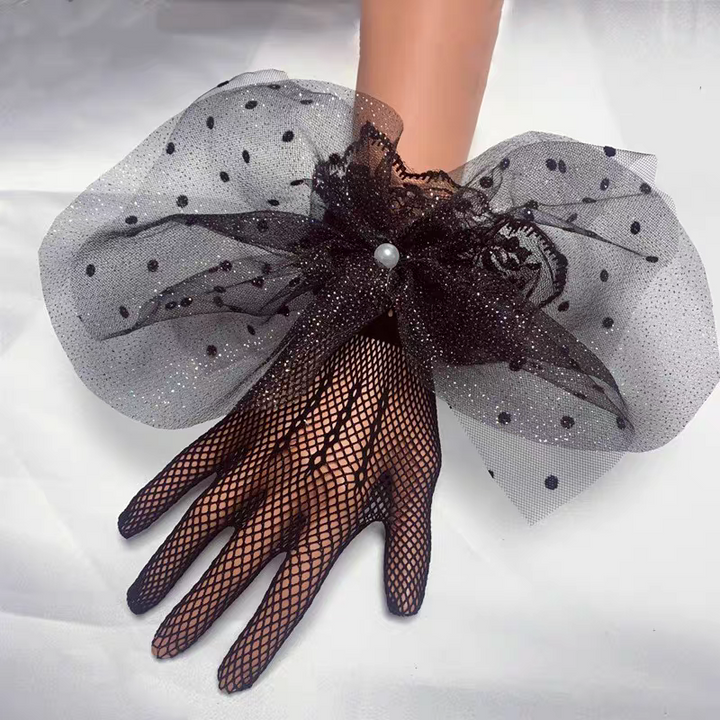 Black Fishnet Bridal Gloves with Glitter Bow and Pearl Detail - Statement Wedding Accessory