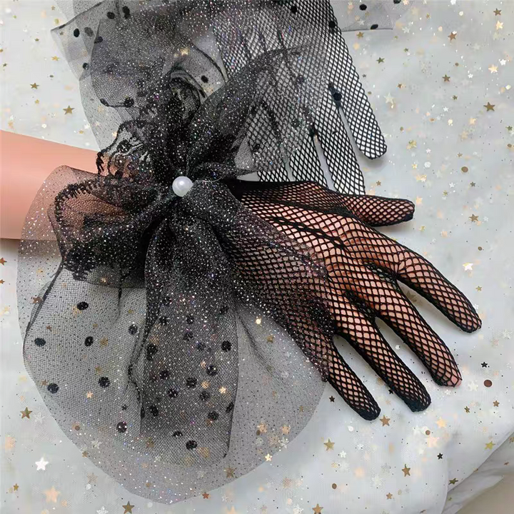 Black Fishnet Bridal Gloves with Glitter Bow and Pearl Detail - Statement Wedding Accessory