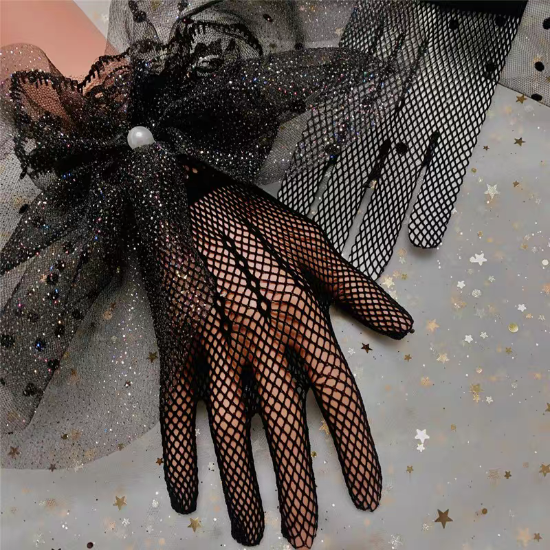 Black Fishnet Bridal Gloves with Glitter Bow and Pearl Detail - Statement Wedding Accessory