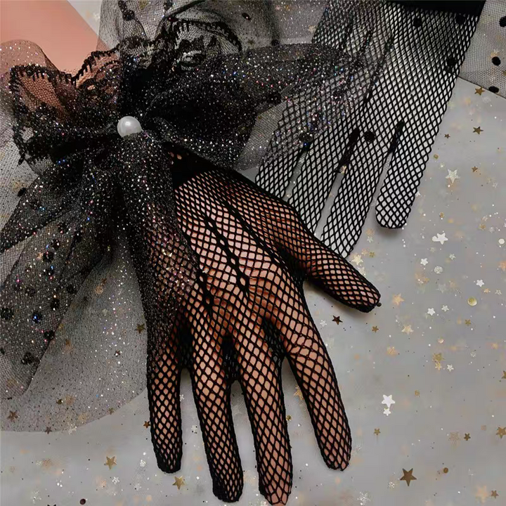 Black Fishnet Bridal Gloves with Glitter Bow and Pearl Detail - Statement Wedding Accessory