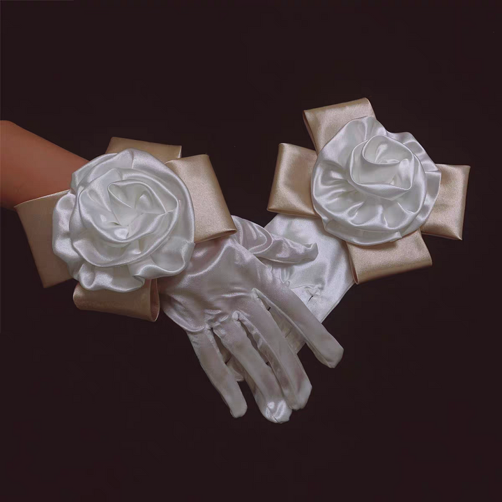 Elegant Satin Bridal Gloves with Oversized Floral Cuff - Statement Wedding Accessory