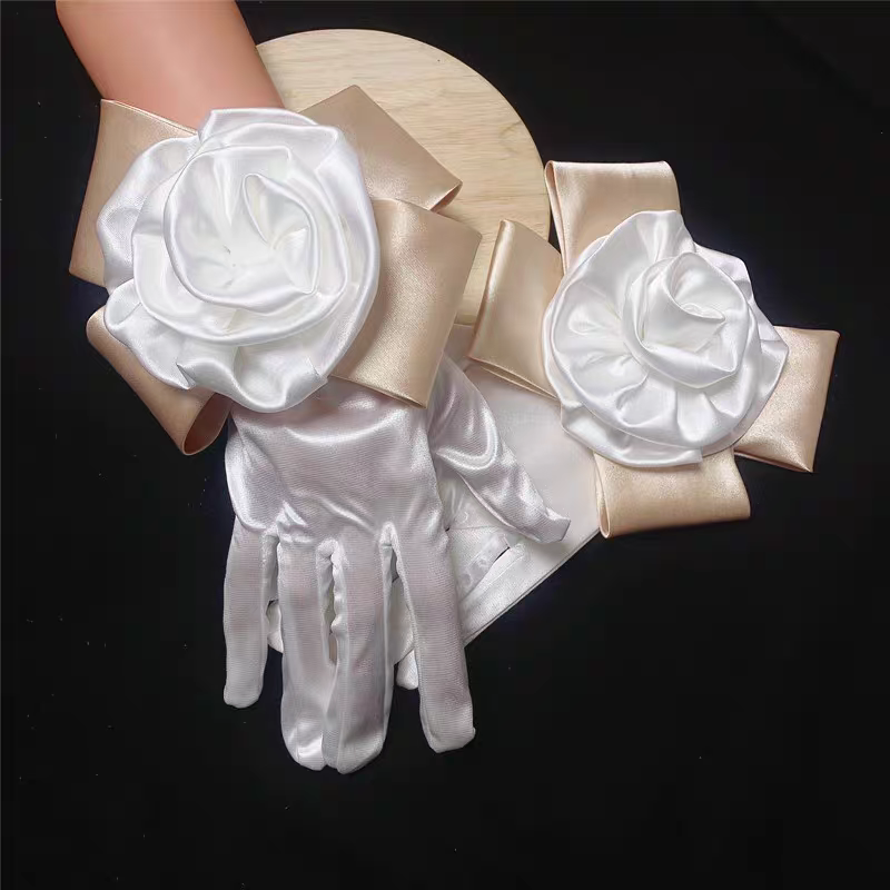 Elegant Satin Bridal Gloves with Oversized Floral Cuff - Statement Wedding Accessory