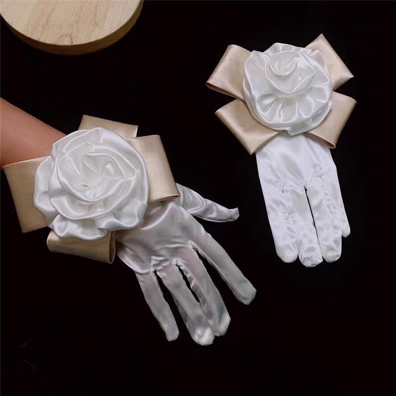 Elegant Satin Bridal Gloves with Oversized Floral Cuff - Statement Wedding Accessory