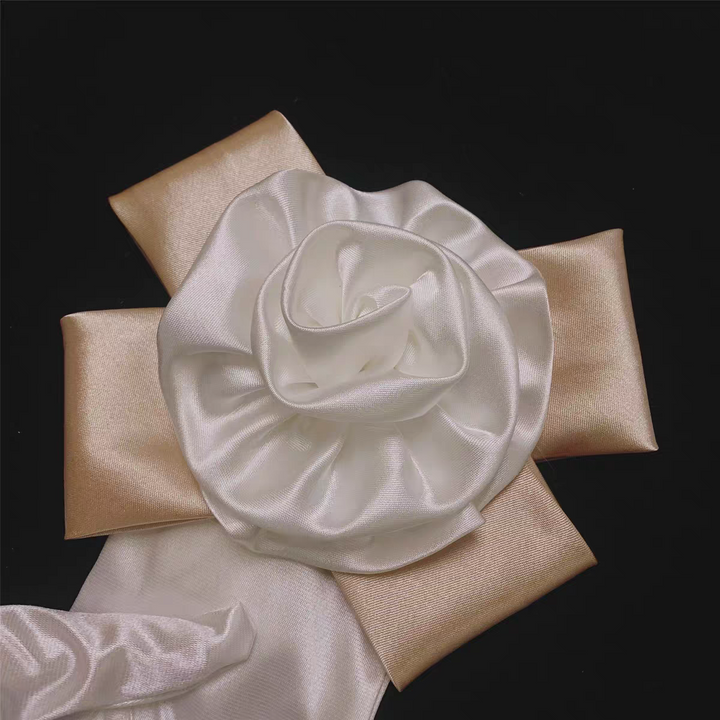 Elegant Satin Bridal Gloves with Oversized Floral Cuff - Statement Wedding Accessory