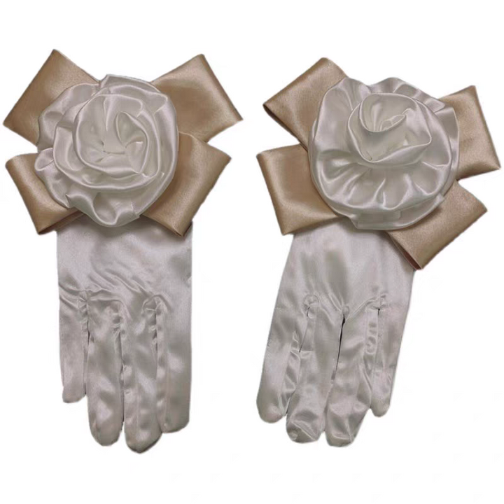 Elegant Satin Bridal Gloves with Oversized Floral Cuff - Statement Wedding Accessory