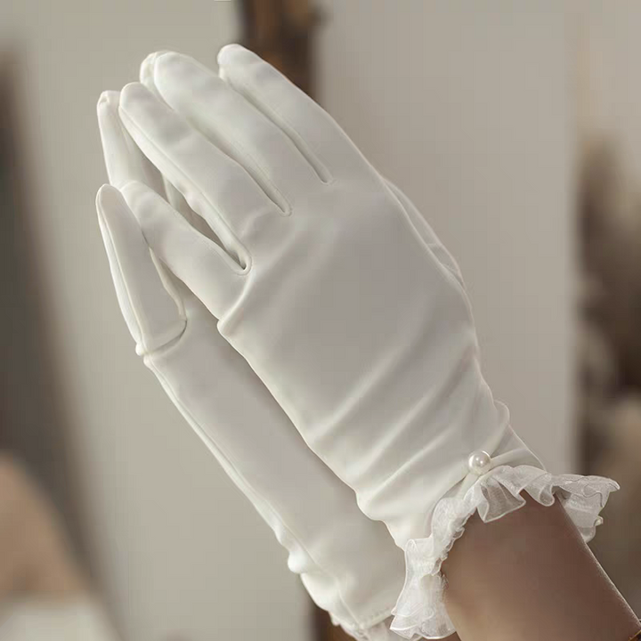 Classic Satin Bridal Gloves with Pearl and Lace Ruffle Cuff - Timeless Wedding Accessory