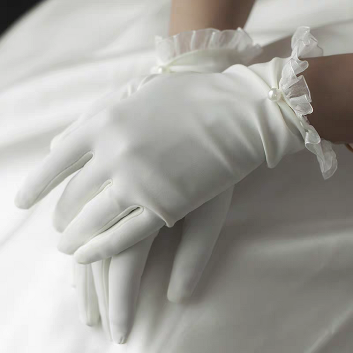 Classic Satin Bridal Gloves with Pearl and Lace Ruffle Cuff - Timeless Wedding Accessory