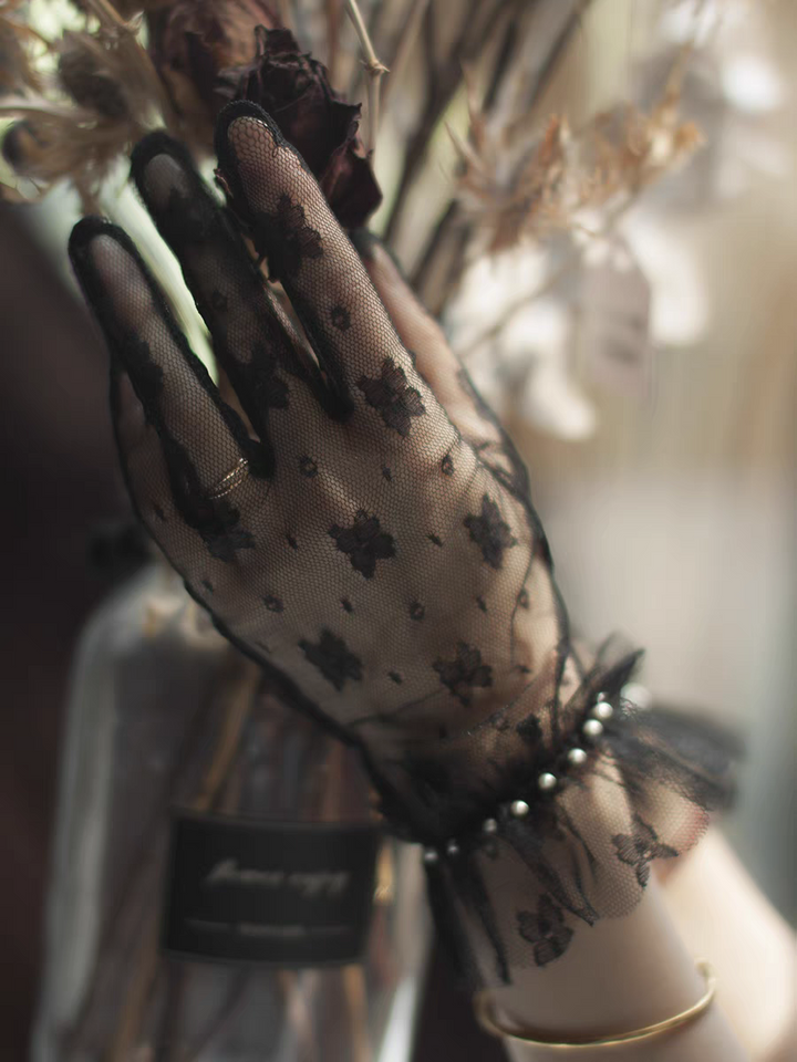 Black Sheer Floral Lace Gloves with Pearl Accent - Gothic Bridal Accessory