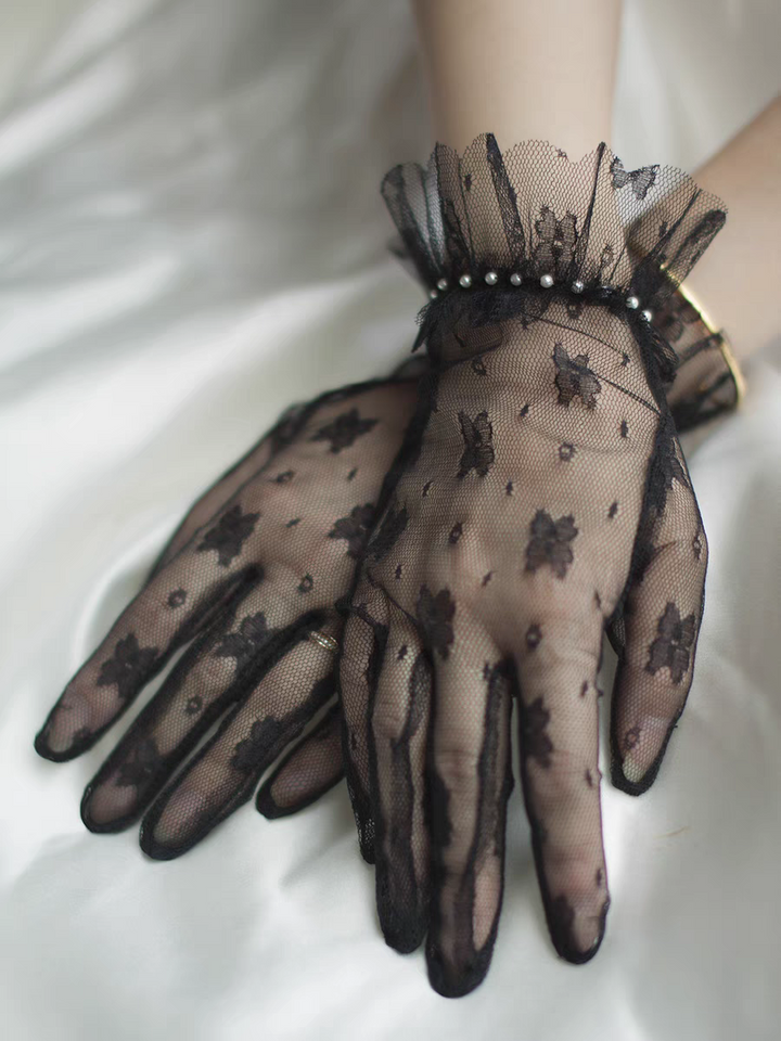 Black Sheer Floral Lace Gloves with Pearl Accent - Gothic Bridal Accessory