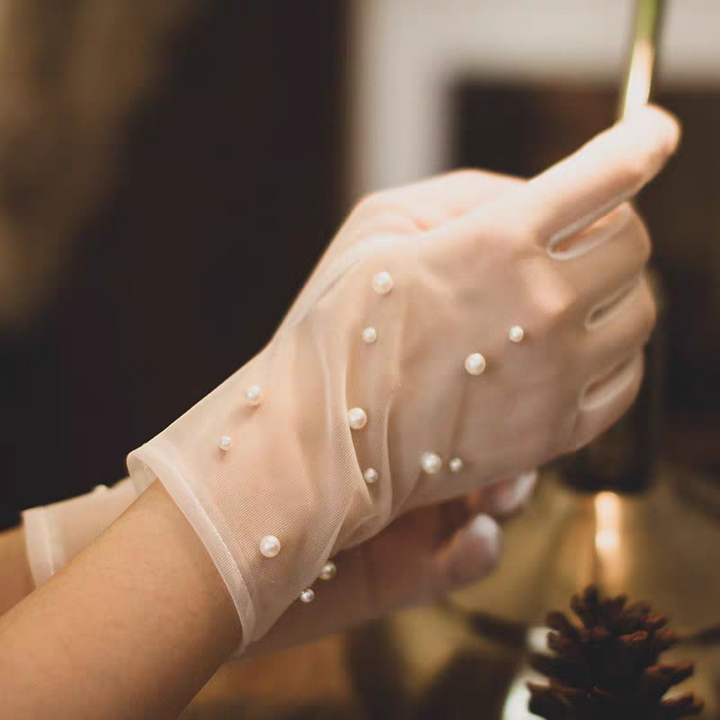 Elegant Sheer Bridal Gloves with Pearl Embellishments - Classic Wedding Accessory