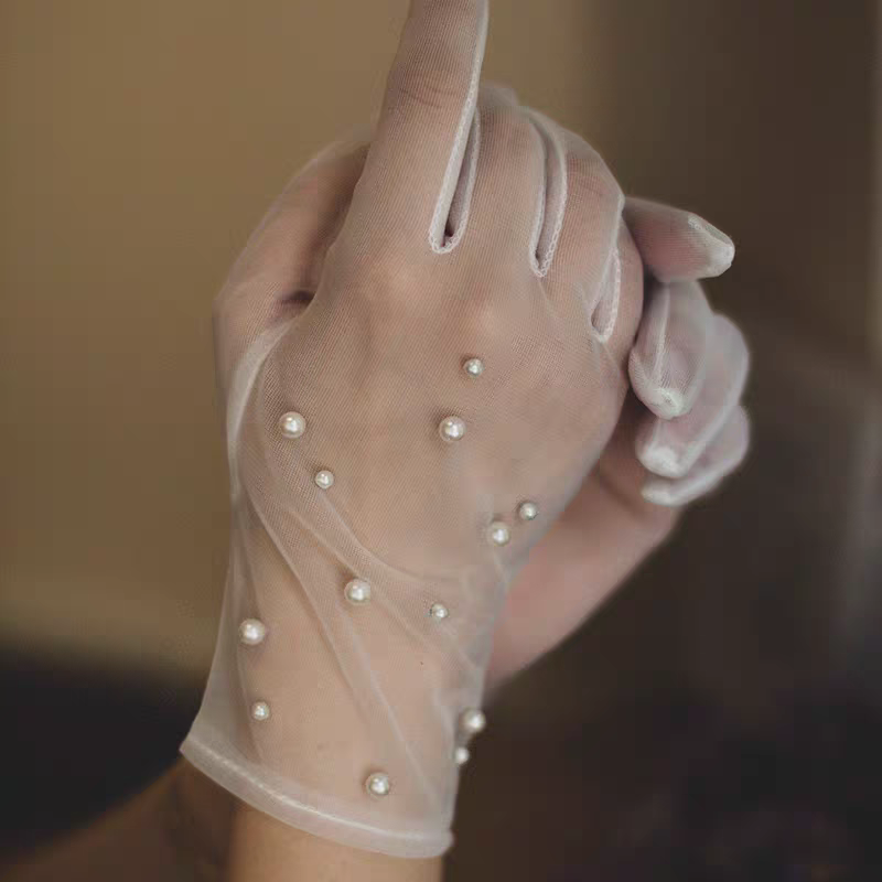 Elegant Sheer Bridal Gloves with Pearl Embellishments - Classic Wedding Accessory