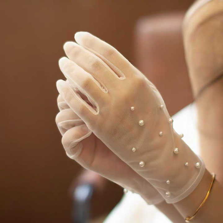 Elegant Sheer Bridal Gloves with Pearl Embellishments - Classic Wedding Accessory