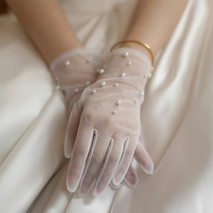 Elegant Sheer Bridal Gloves with Pearl Embellishments - Classic Wedding Accessory