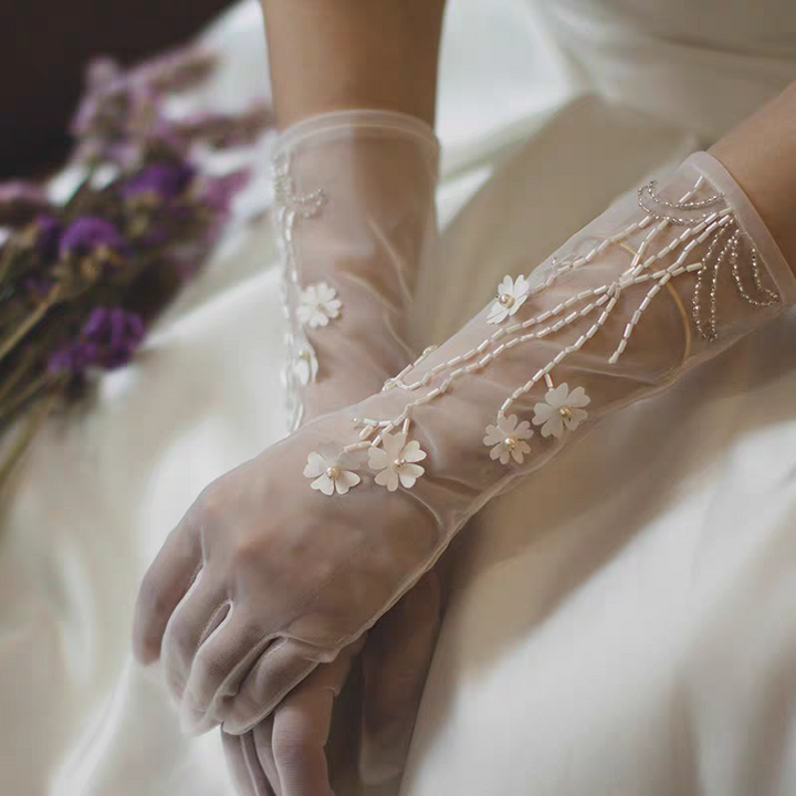 Sheer Bridal Gloves with Floral Appliqués and Beaded Detail - Romantic Wedding Accessory