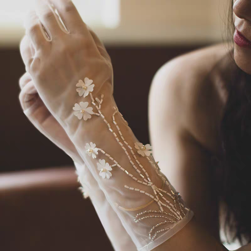 Sheer Bridal Gloves with Floral Appliqués and Beaded Detail - Romantic Wedding Accessory