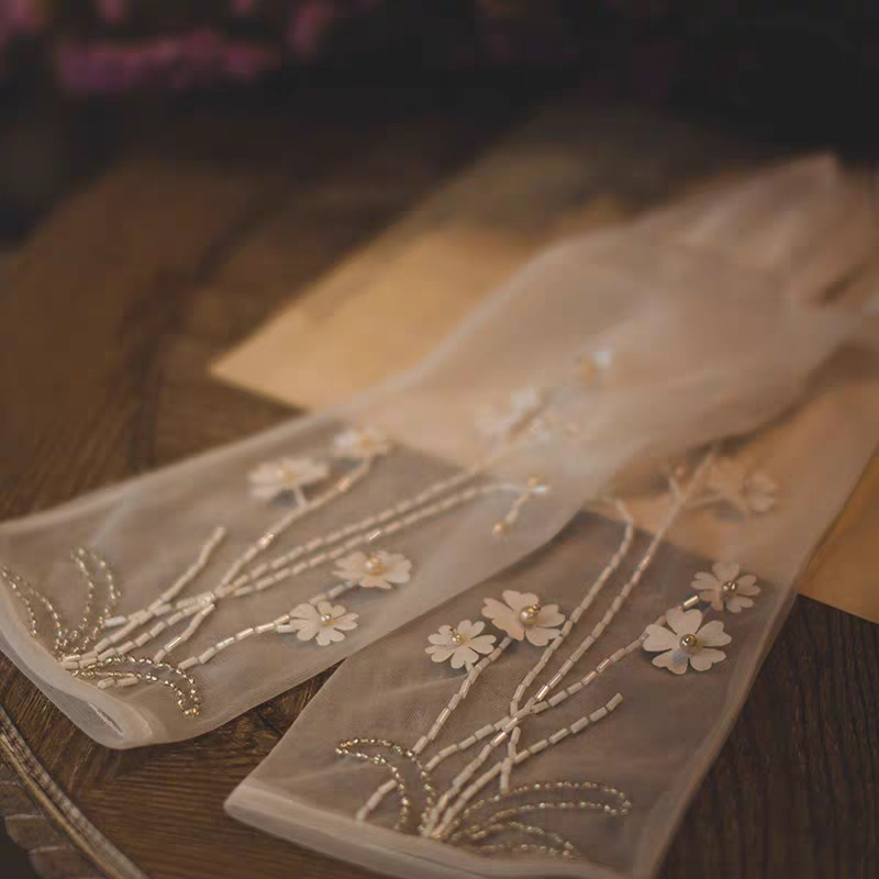 Sheer Bridal Gloves with Floral Appliqués and Beaded Detail - Romantic Wedding Accessory